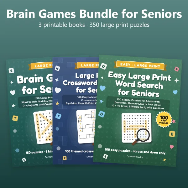 Brain Games Bundle for Seniors: 350 Large Print Puzzles in 3 Books (Printable PDF)
