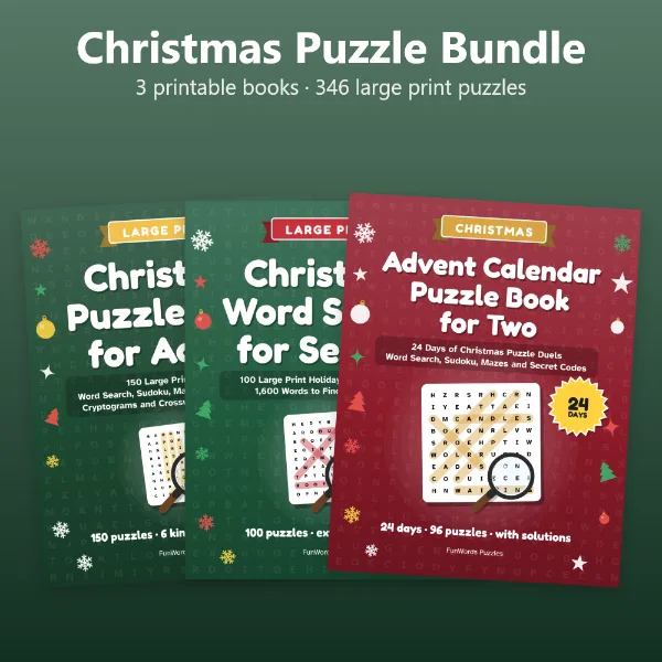 Christmas Puzzle Bundle: 346 Large Print Puzzles in 3 Books (Printable PDF)
