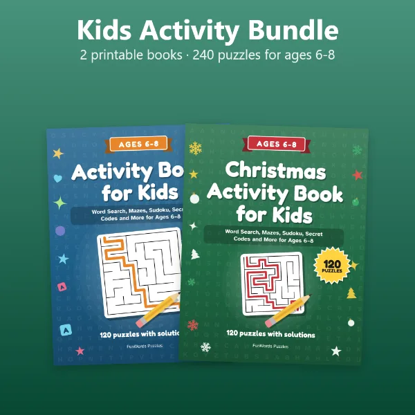 Kids Activity Bundle: 240 Printable Puzzles for Ages 6-8, Word Search, Mazes, Sudoku and Secret Codes (PDF)