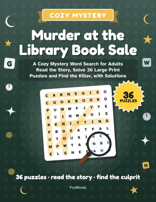 Murder at the Library Book Sale: A Cozy Mystery Word Search for Adults – 36 Large Print Puzzles (Printable PDF): Cover