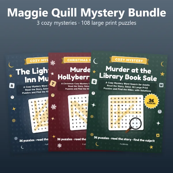 Maggie Quill Mystery Bundle: 3 Cozy Mystery Word Search Books, 108 Large Print Puzzles (Printable PDF)