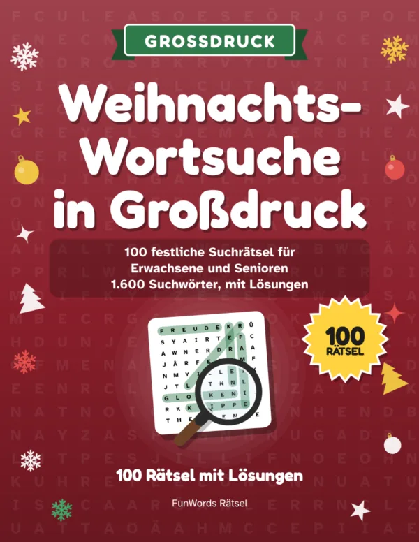 Weihnachts-Wortsuche in Großdruck: 100 Rätsel zum Ausdrucken (PDF): Titelbild